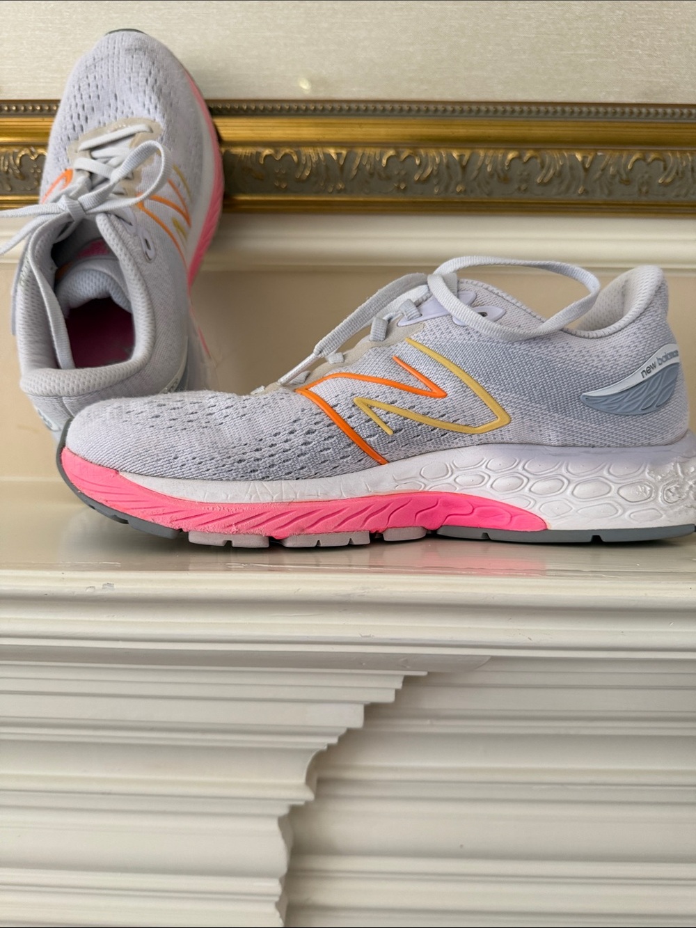 New Balance Women's Breathable White Sneakers with Pink & Orange Accents;Size 9🩷
